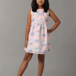 Under Fourteen Only Kids Peach & Blue Cotton Floral Print Dress-picture-3