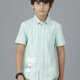 Under Fourteen Only Kids Green Cotton Striped Shirt-image-21