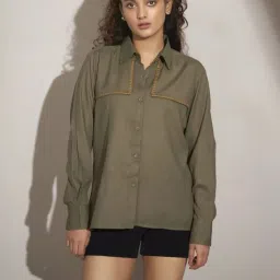 Kaftanize Green Linen Fornt Panel Shirt with Thread Work Embroidery image 1