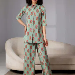 Libas Green Cotton Printed Shirt & Pyjama Set image 1