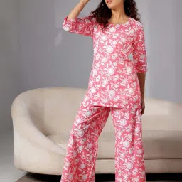 Libas Pink Cotton Printed Kurti & Pyjama Set image 1