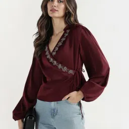 Elle Women Maroon Solid V-Neck Top image 3