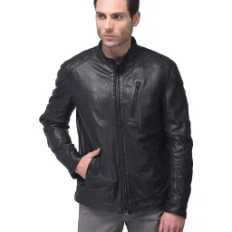 Woods Black Mandarin Collar Leather Jacket image 1