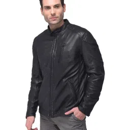 Woods Black Mandarin Collar Leather Jacket image 3