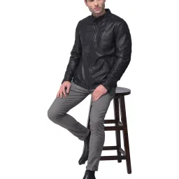 Woods Black Mandarin Collar Leather Jacket image 5