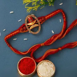 eCraftIndia Red & Orange Shivling Religious Rakhi for Bhai with Sibling Agreement & Roli Chawal Pack-image-45