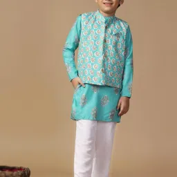 Fashion Dream Boys Teal Blue Floral Kurta and Pyjama with Jacket image 1