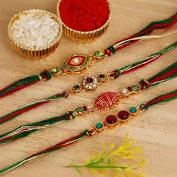 eCraftIndia Set of 4 Multicolor Kundan Rakhis with Sibling Agreement & Roli Chawal Pack-picture-12