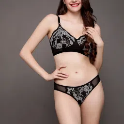 Clovia Black Self Pattern Bra Panty Set image 1