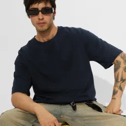 The Souled Store Navy Blue Regular Fit Solid T-Shirt image 1