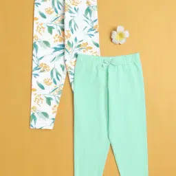 Bumzee Kids Green & White Cotton Floral Leggings Pack Of 2-image-8