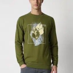 Peter England Green Cotton Slim Fit Printed Sweatshirt image 1