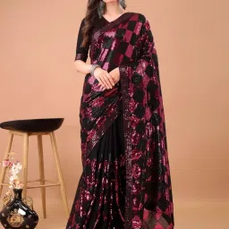 Odette Black And Pink Georgette Embellished Saree With Unstitched Blouse image 1