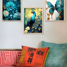 Kotart Teal Blue & White 3 Pieces Wooden Floral and Botanical Wall Arts-image-98