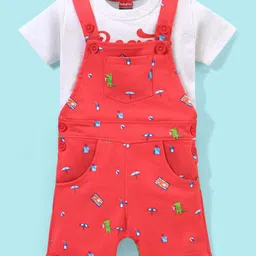 Babyhug Cotton Knit Half Sleeves Text Printed T-Shirt and Dungaree Set Beach Print - White & Red-image-37