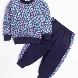 M'andy Fleece Full Sleeves Abstract Printed Winter Wear Jogger Set  - Blue image 1