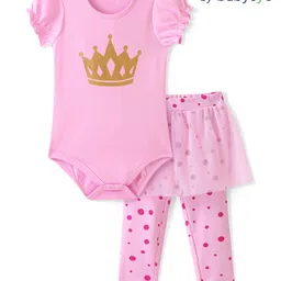 Babyoye 100% Cotton Interlock Half Sleeves Onesie with Polka Dotted Skeggings - Pink-picture-25