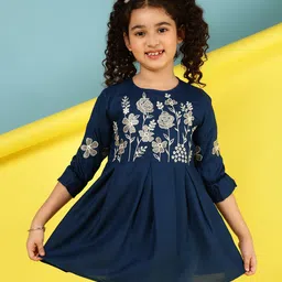 ISHTI Rayon Three Fourth Sleeves Floral Embroidered Top - D Blue-picture-15
