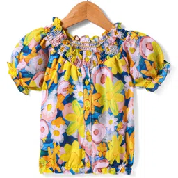 Babyhug Rayon Woven Half Puffed Sleeves Top Floral Print - Yellow-picture-20