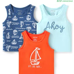 Babyoye Cotton Knit Sleeveless Vests with Nautical Theme Print Pack of 3 - Light Blue & Orange-picture-14