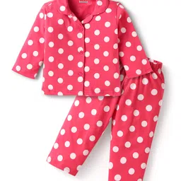 Babyhug Cotton Knit Full Sleeves Co-ords Night Suit with Polka Dots Print - Dark Pink-picture-25