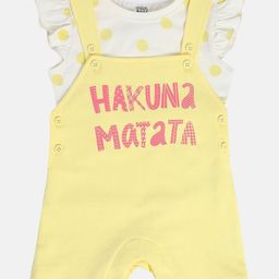 MINI KLUB Cotton Hakuna Matata Text Detailed Dungaree With Frill Sleeves Polka Dots Printed Top Set - White & Yellow-picture-43