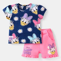 Babyhug Disney Single Jersey Knit Half Sleeves T-Shirt & Shorts Set With Daisy Duck Graphics & Frill Detailing - Navy Blue & Pink-picture-21