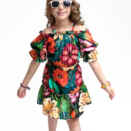Ollington St. WovenOff Shoulder Top & Skirt Co-ord Set with Floral Print - Orange Pink & Green-picture-14