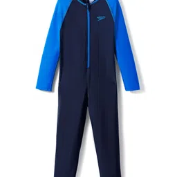 Speedo Full Raglan Sleeves Solid Color Full Body Legged Swimsuit - Blue-picture-12