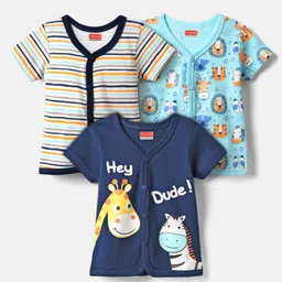 Babyhug 100% Cotton Half Sleeves Front Open Jhablas With Stripes & Animals Print Pack Of 3 - Navy Blue White & Light Blue.-picture-39