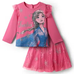 Babyhug Disney Single Jersey Knit Full Sleeves Top and Skirt with Disney Princess Graphic Mesh and Frills Detailing - Dark Pink-picture-22