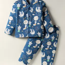 Mini Taurus Interlock Knit Full Sleeves Co-Ord Night Suit With Animal & Moon Print - Navy Blue-picture-19
