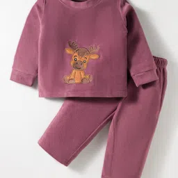 Kanvin Knit Full Sleeves Antipiling Polar Fleece Sweatshirt & Lounge Pant Set With Animal Embriodery - Mauve-picture-22