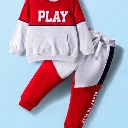 Babyhug Terry Knit Full Doctor Sleeves Cut & Sew Color Block T-Shirt & Joggers Set with Play Text Print - Red & Grey-image-82