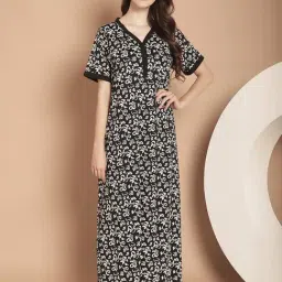 Kanvin Black Cotton Printed Nighty-image-39