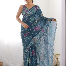 Odette Blue Georgette Printed Saree With Unstitched Blouse image 1