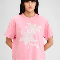Spykar Pink Printed Oversized T-Shirt image 1
