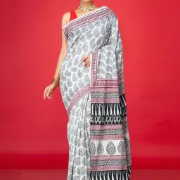 Unnati Silks White Cotton Printed Saree With Unstitched Blouse image 1