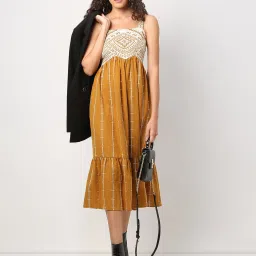 Vero Moda Mustard Embroidered A Line Dress image 1