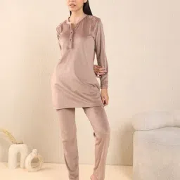 Sweet Dreams Brown Fleece Solid Full Sleeves Top and Pyjama-image-35