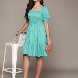 Label Ritu Kumar Aqua Solid Fit & Flare Short Dress image 1