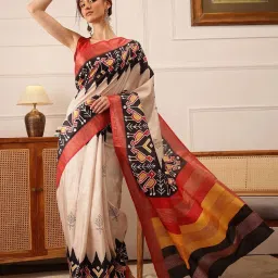 Silk Land Beige Silk Printed Saree With Unstitched Blouse image 1