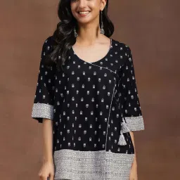 Libas Black Cotton Printed Angrakha Short Kurti image 1