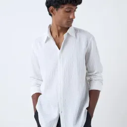 Ascot by Westside White Striped Relaxed-Fit Cotton Shirt-image-83