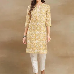 Fabindia Mustard Cotton Printed Straight Kurta image 1