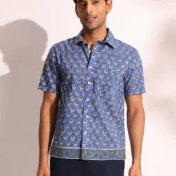 Fabindia Skyblue Cotton Straight Fit Print Casualshirts image 1