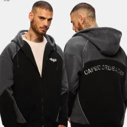 The Souled Store Black & Grey Loose Fit Embroidered Hooded Sweatshirt image 3