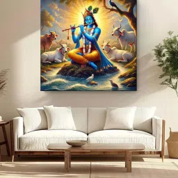 999Store Multicolor Canvas Krishna Playing The Flute Among Sacred Cows Painting image 1