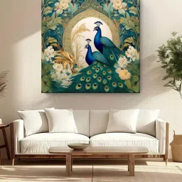 999Store Green & Blue Canvas Majestic Peacocks In Bloom Painting image 1