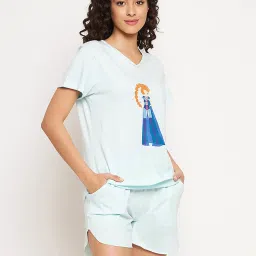 Clovia Blue Printed T-Shirt With Shorts image 4